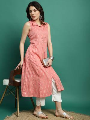 Women peach color printed a-line kurta 1