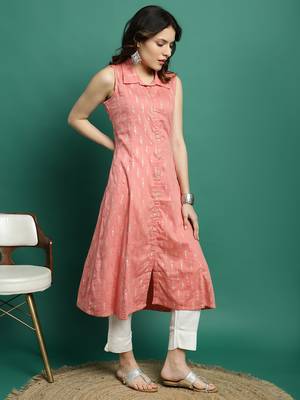 Women peach color printed a-line kurta 2