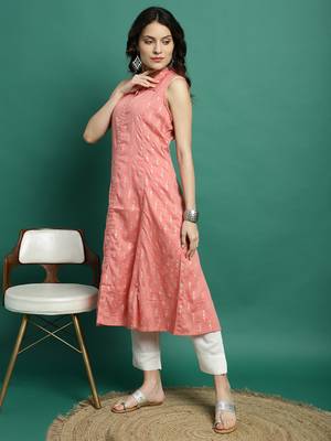 Women peach color printed a-line kurta 5