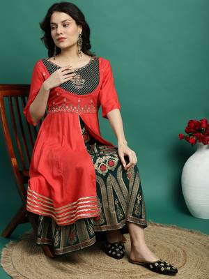 Women peach color embroidery printed anarkali kurta 1