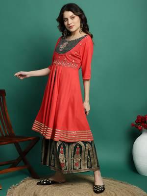 Women peach color embroidery printed anarkali kurta 2