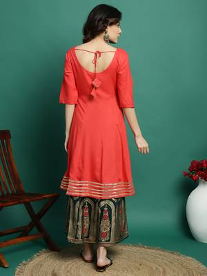 Women peach color embroidery printed anarkali kurta 3