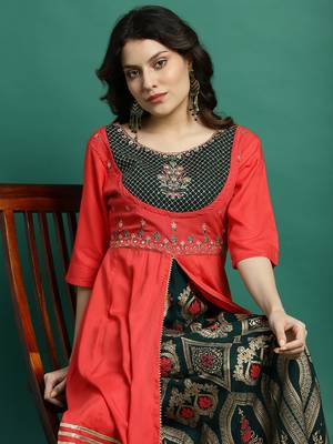 Women peach color embroidery printed anarkali kurta 4