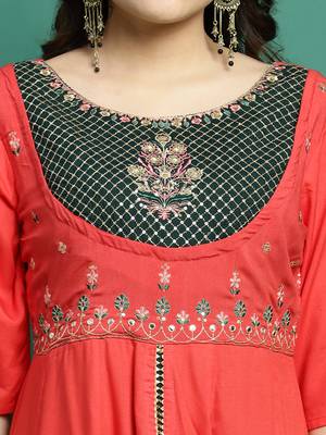Women peach color embroidery printed anarkali kurta 5