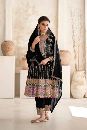 BLACK COLOR CHINON EMBROIDERED SALWAR KAMEEZ