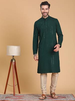 Tabard cotton full sleeve regular fit embroidry green kurta for men 1