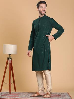 Tabard cotton full sleeve regular fit embroidry green kurta for men 2