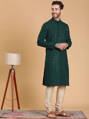 Tabard cotton full sleeve regular fit embroidry green kurta for men 3