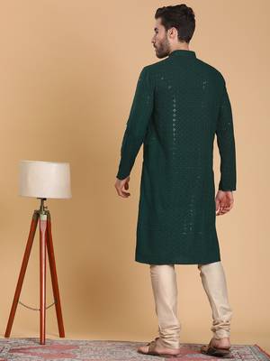 Tabard cotton full sleeve regular fit embroidry green kurta for men 4
