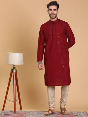 Tabard cotton full sleeve regular fit embroidry maroon kurta for men 1