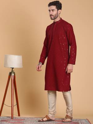 Tabard cotton full sleeve regular fit embroidry maroon kurta for men 2