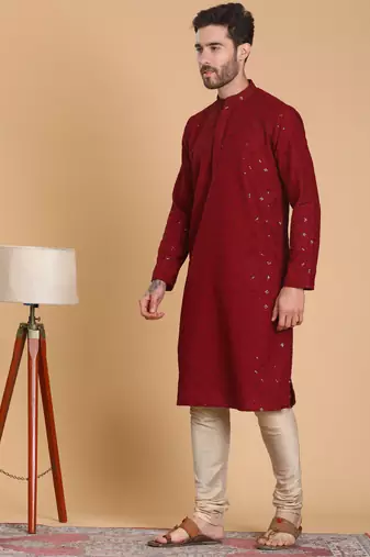 Tabard cotton full sleeve regular fit embroidry maroon kurta for men