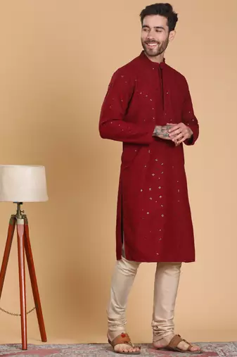 Tabard cotton full sleeve regular fit embroidry maroon kurta for men