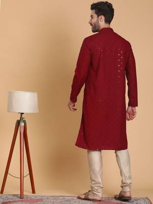 Tabard cotton full sleeve regular fit embroidry maroon kurta for men 4