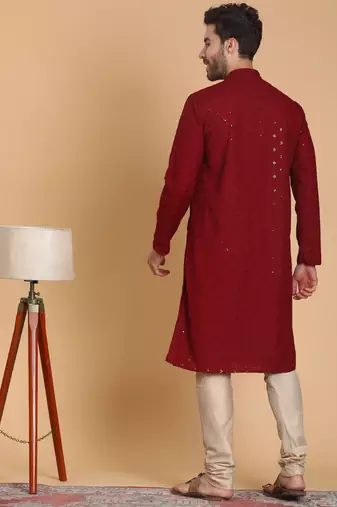 Tabard cotton full sleeve regular fit embroidry maroon kurta for men