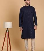 Tabard cotton full sleeve regular fit embroidry blue kurta for men