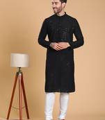 Tabard cotton full sleeve regular fit embroidry black kurta for men