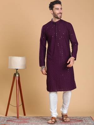 Tabard cotton full sleeve regular fit embroidry purple kurta for men 1