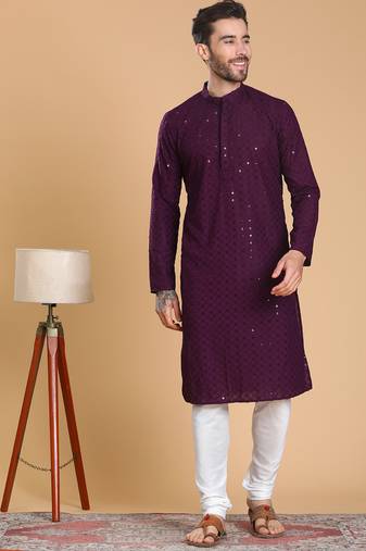 Tabard cotton full sleeve regular fit embroidry purple kurta for men