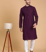Tabard cotton full sleeve regular fit embroidry purple kurta for men