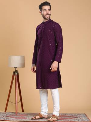 Tabard cotton full sleeve regular fit embroidry purple kurta for men 2