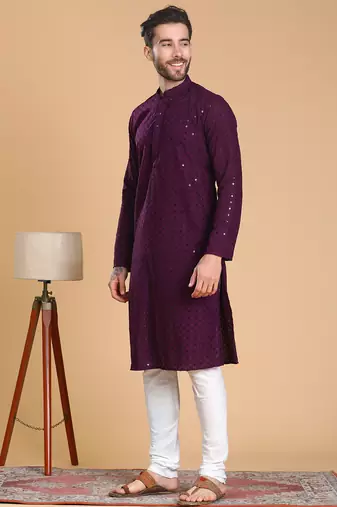 Tabard cotton full sleeve regular fit embroidry purple kurta for men