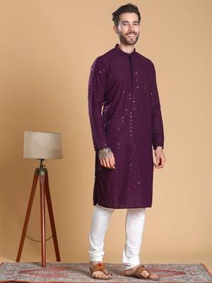 Tabard cotton full sleeve regular fit embroidry purple kurta for men 3