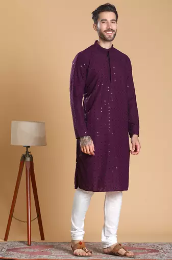Tabard cotton full sleeve regular fit embroidry purple kurta for men
