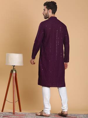 Tabard cotton full sleeve regular fit embroidry purple kurta for men 4