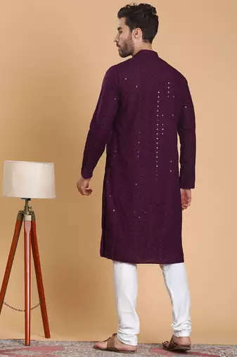 Tabard cotton full sleeve regular fit embroidry purple kurta for men
