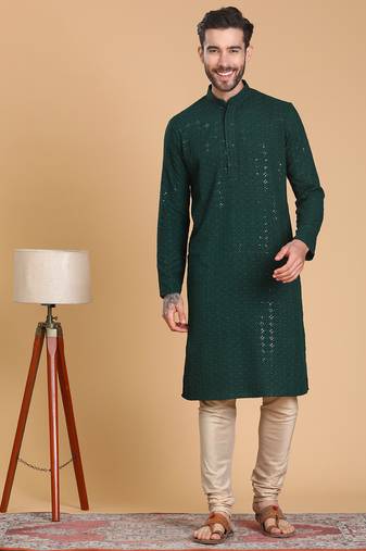 Tabard cotton full sleeves regular embroidry green kurta set for men