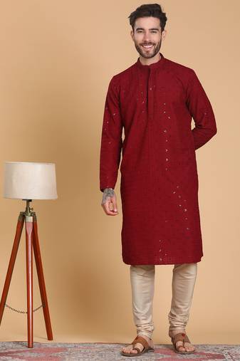 Tabard cotton full sleeves regular embroidry maroon kurta set for men