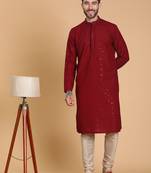 Tabard cotton full sleeves regular embroidry maroon kurta set for men