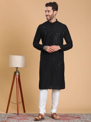 Tabard cotton full sleeves regular embroidry black kurta set for men 1