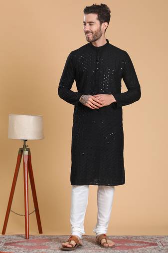 Tabard cotton full sleeves regular embroidry black kurta set for men