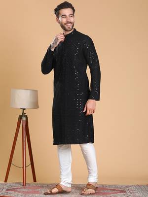 Tabard cotton full sleeves regular embroidry black kurta set for men 2