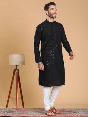 Tabard cotton full sleeves regular embroidry black kurta set for men 3