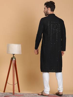 Tabard cotton full sleeves regular embroidry black kurta set for men 4