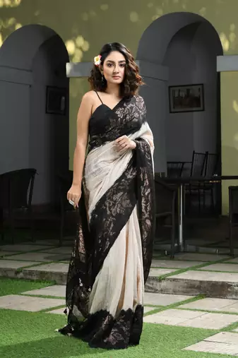 Beige matka silk black taidai jacquard saree