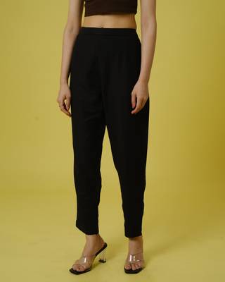 Black cotton slub solid regular ankle length trouser 1