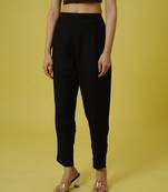Black cotton slub solid regular ankle length trouser