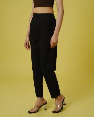 Black cotton slub solid regular ankle length trouser 2