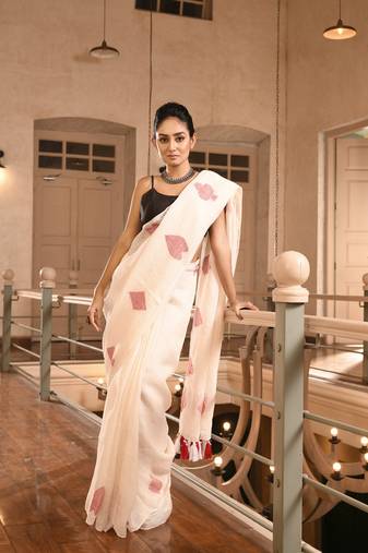 White linen red deck of cards design handwoven saree