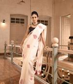 White linen red deck of cards design handwoven saree