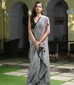 Grey linen all body flowers motive handwoven saree