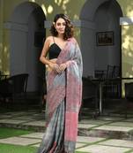 Grey linen red sequence design handwoven saree
