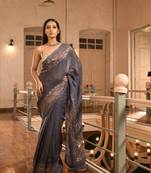 Grey linen broder with pallu jacquard zari work handwoven saree