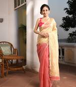 Dark peach linen silver zari check pallu handwoven saree