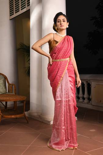 Fuchsia pink linen zari with pallu multi colour zari check tissue handwoven saree