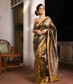 Golden linen with pallu silver zari check handwoven tissue saree